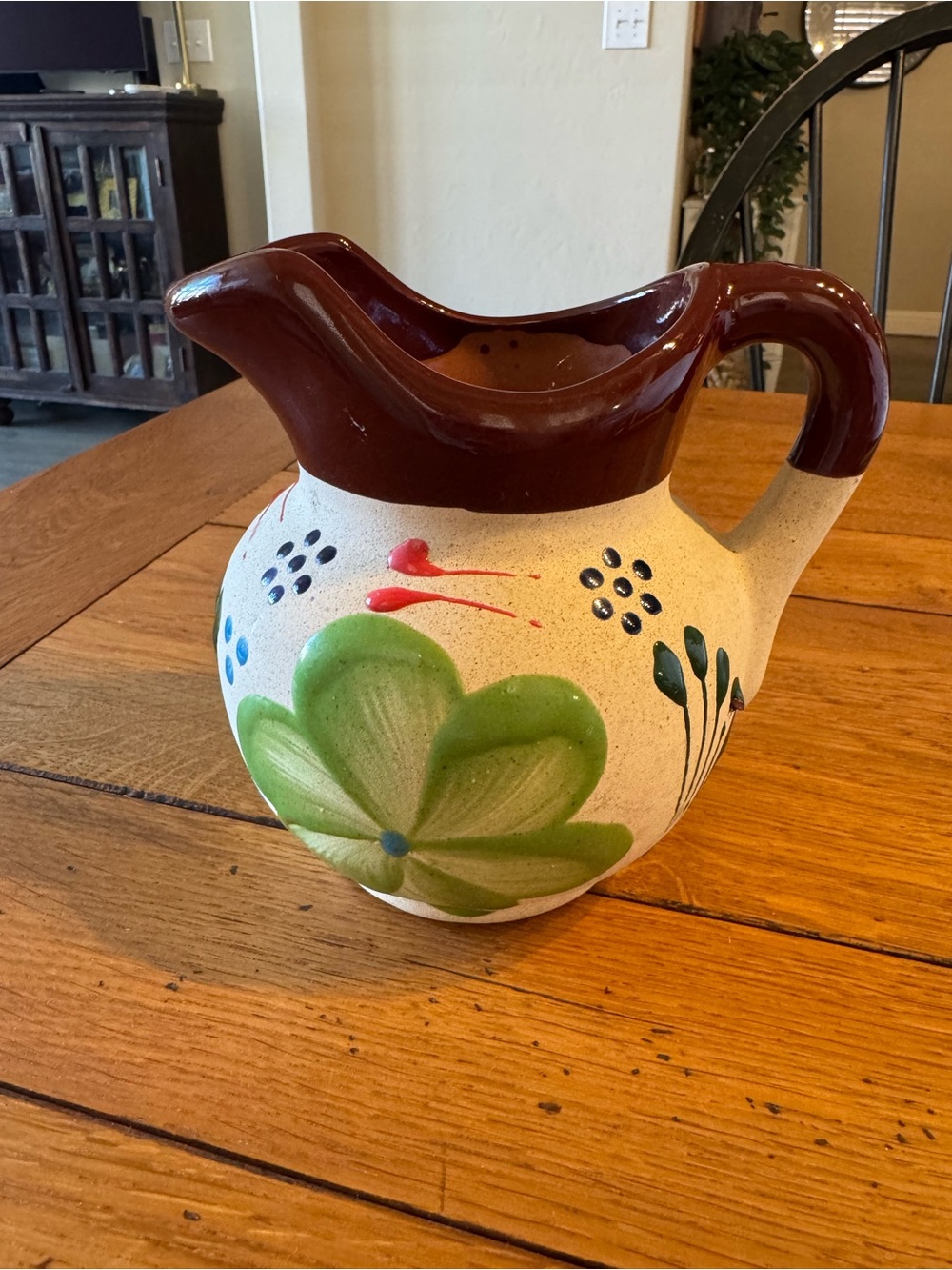 Mexican Hand-Painted Ceramic Pitcher with Floral Accents